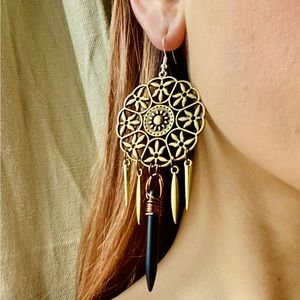 Handmade Festival Flower Statement Chandelier Dangle Earrings with Shungite